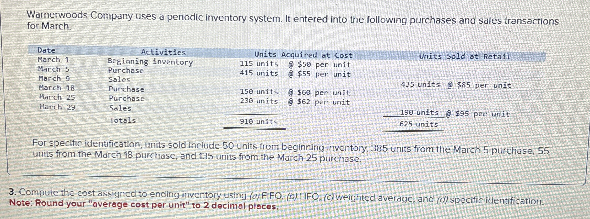 Warnerwoods Company uses a periodic inventory
