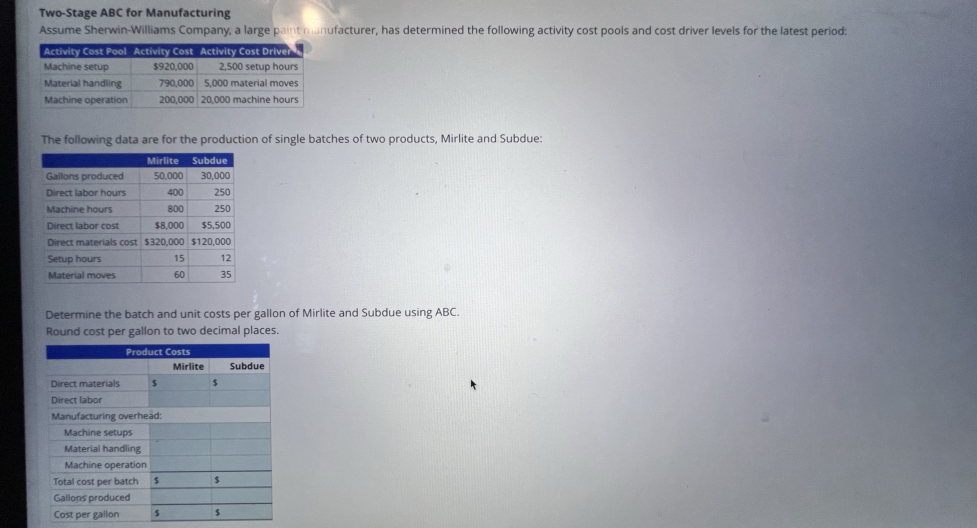 Two - Stage ABC for Manufacturing Assume Sherwin