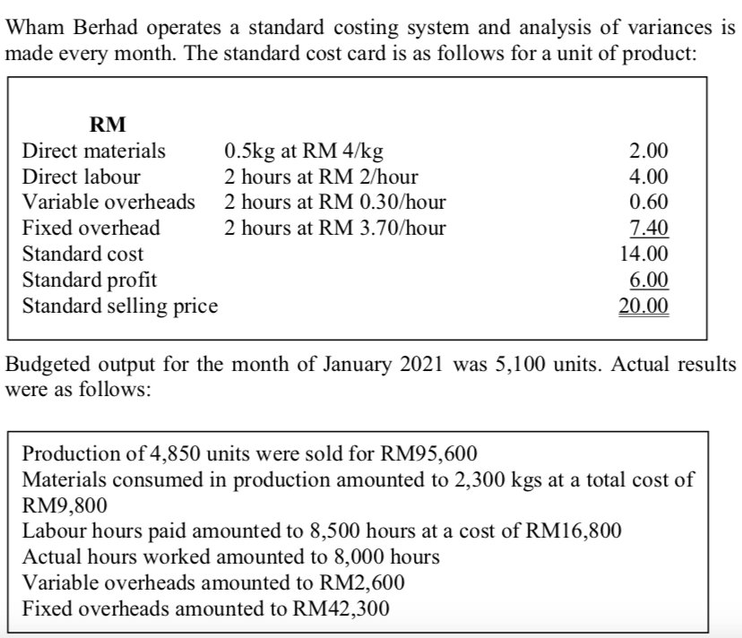 Wham Berhad operates a standard costing system