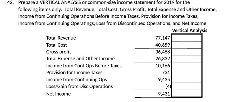 42. Prepare a VERTICAL ANALYSIS or common-size