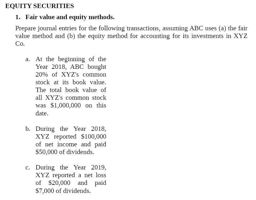 EQUITY SECURITIES 1. Fair value and equity