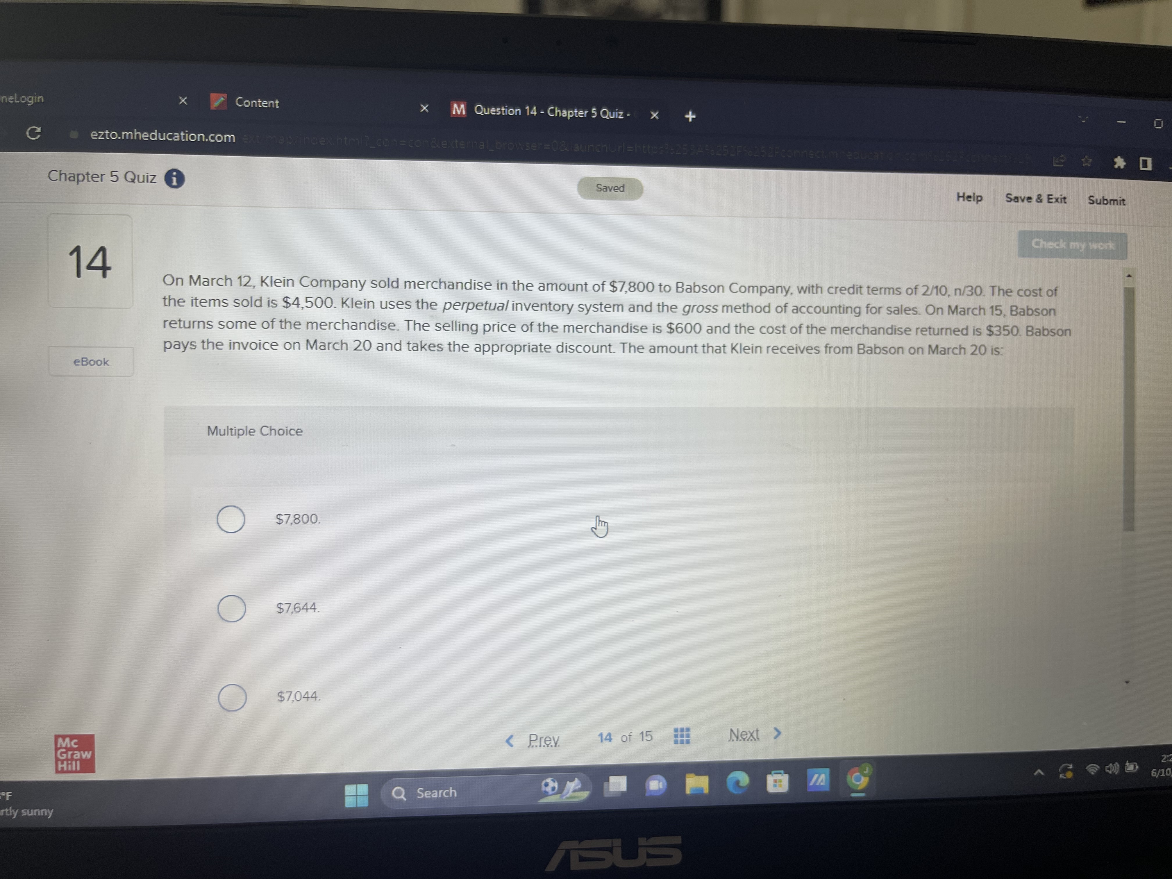 X Content X M Question 15 - Chapter 5 Quiz -