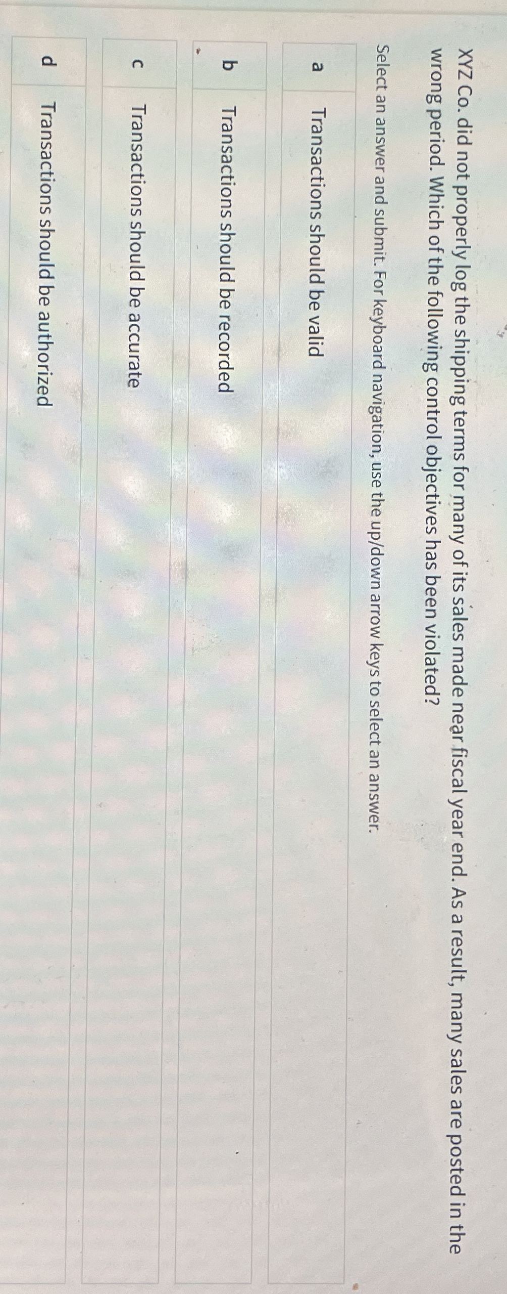 XYZ Co . did not properly log the shipping terms