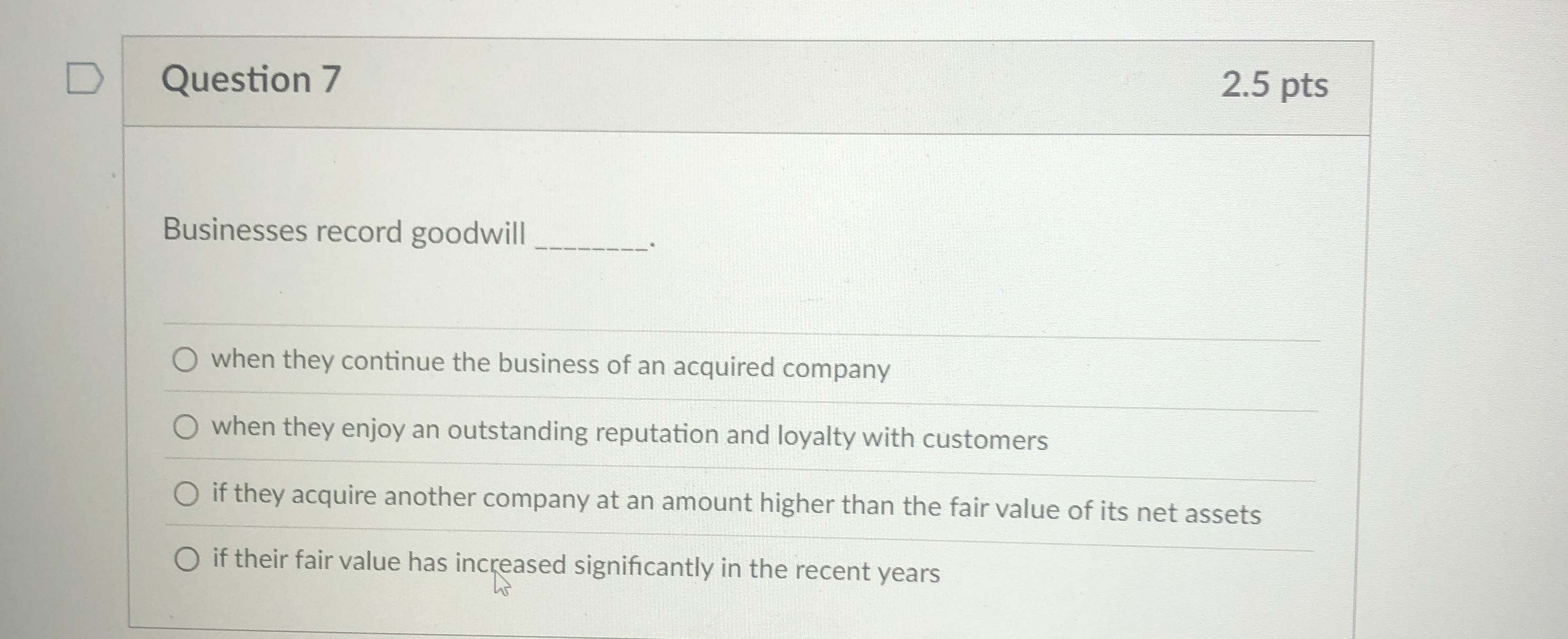 Question 7 2 . 5 pts Businesses record goodwill