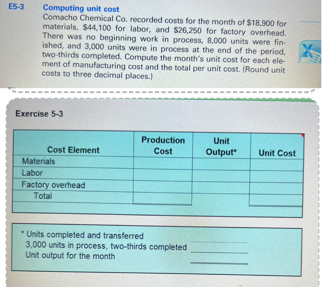 E 5 - 3 Computing unit cost Comacho Chemical Co .