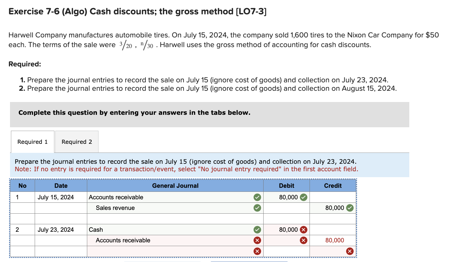 Exercise 7 - 6 ( Algo ) Cash discounts; the gross
