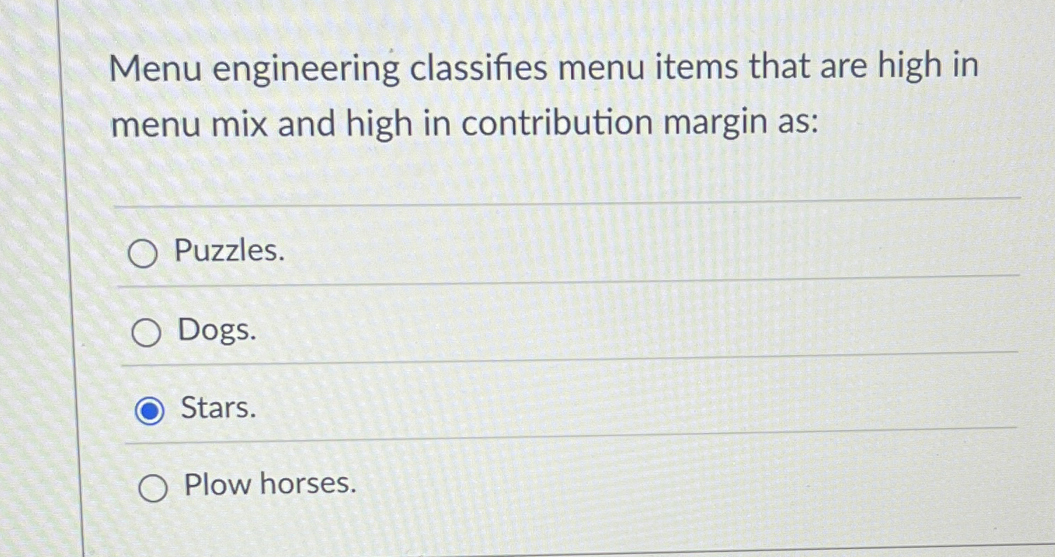 Menu engineering classifies menu items that are