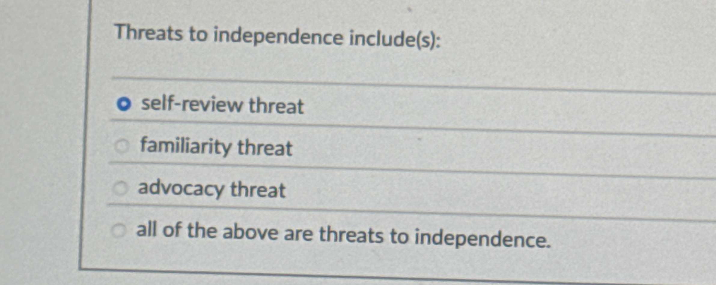 Threats to independence include ( s ) : q , self