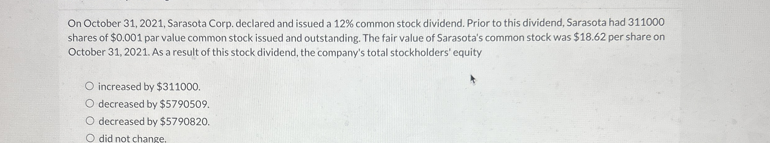 On October 3 1 , 2 0 2 1 , Sarasota Corp.