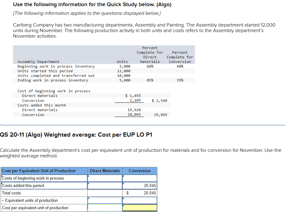 Use the following information for the Quick Study