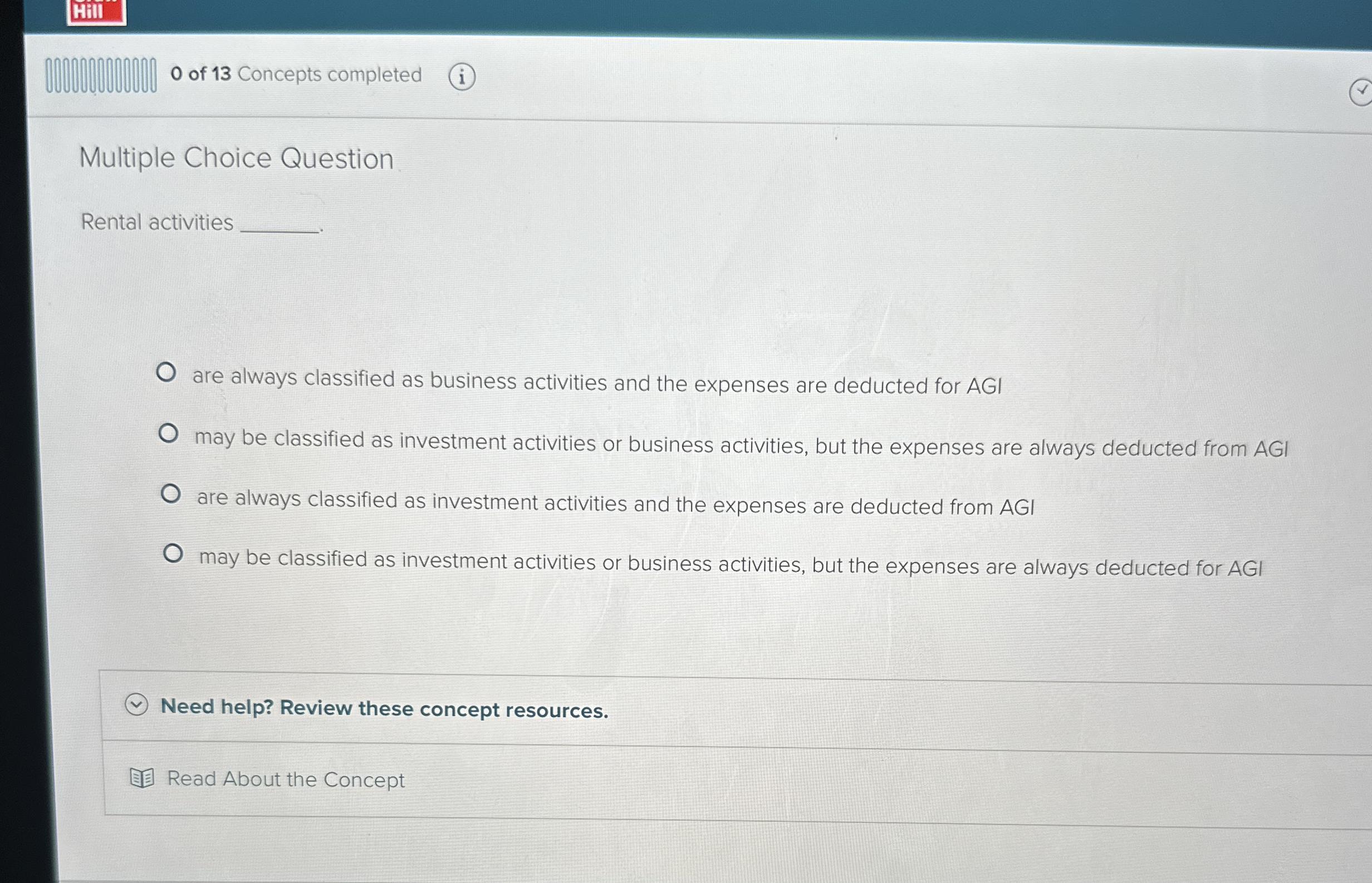 0 of 1 3 Concepts completed ( i ) Multiple Choice