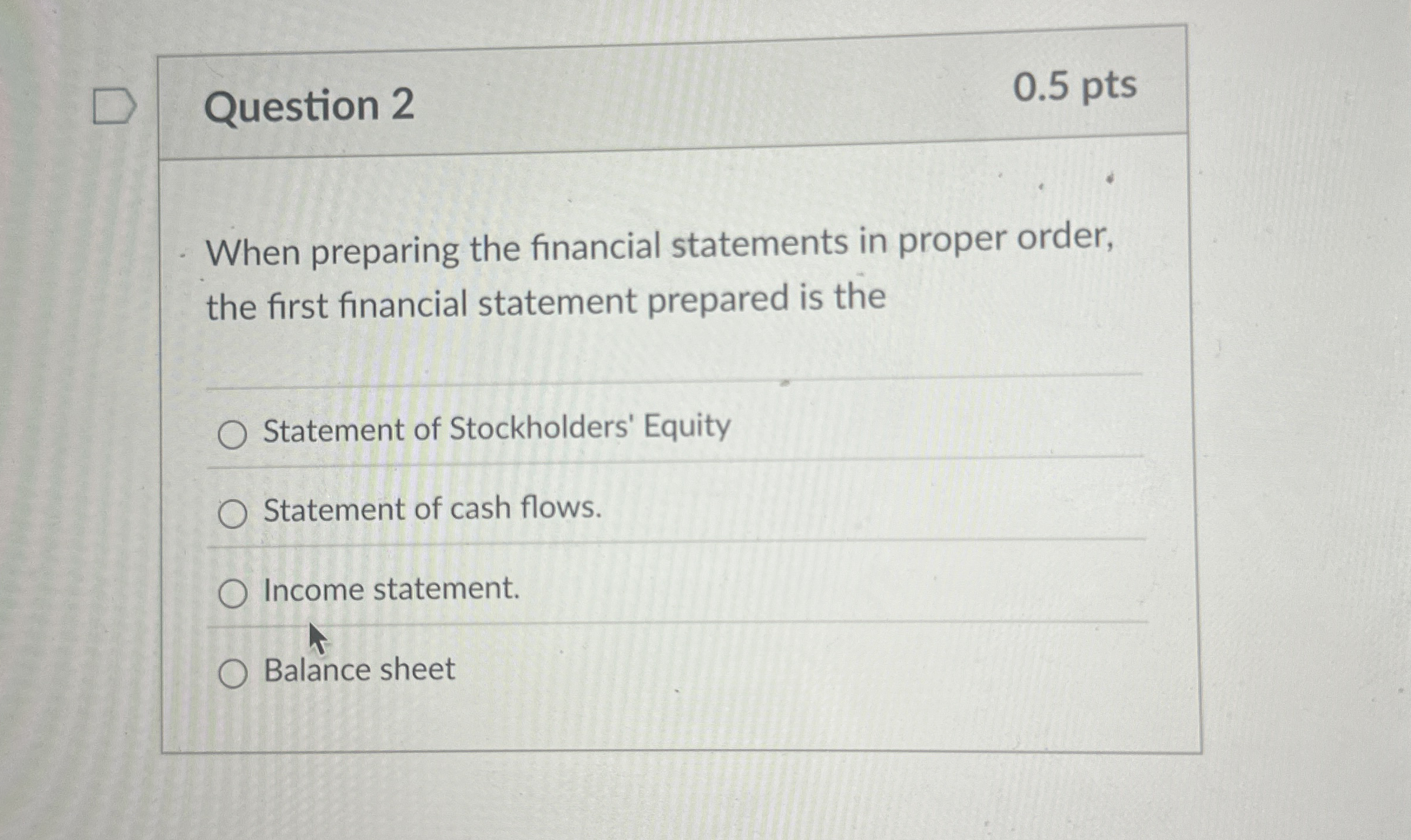 Question 2 0 . 5 pts When preparing the financial