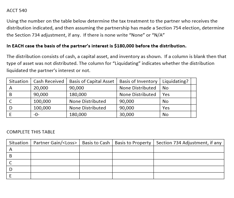 ACCT 540 Using the number on the table below