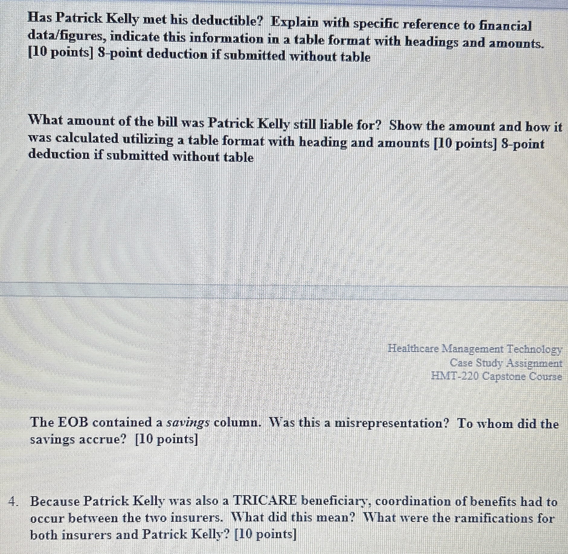 Has Patrick Kelly met his deductible? Explain