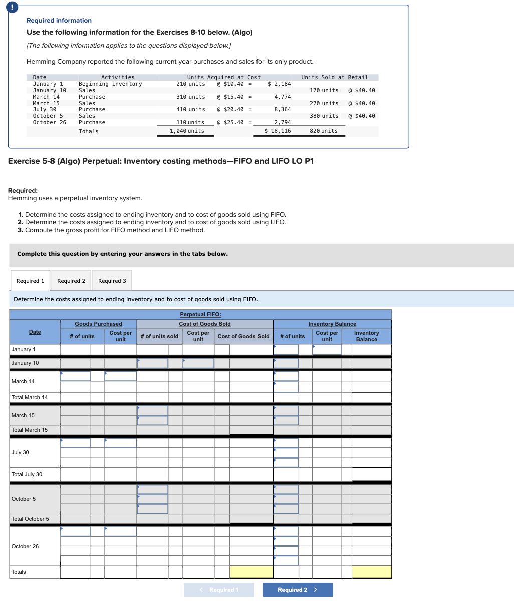 Required information Use the following