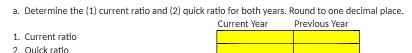 a. Determine the (1) current ratio and (2) quick
