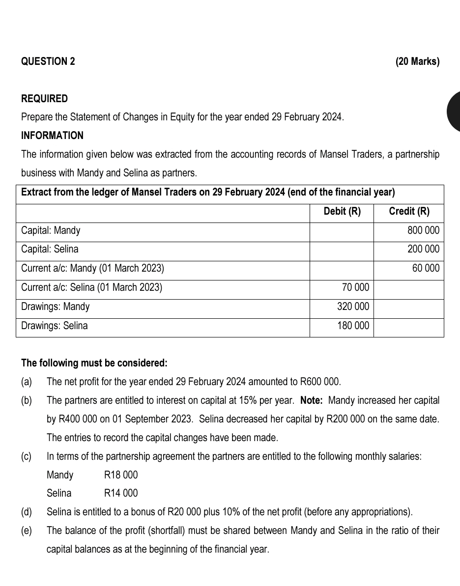 REQUIRED Prepare the Statement of Changes in
