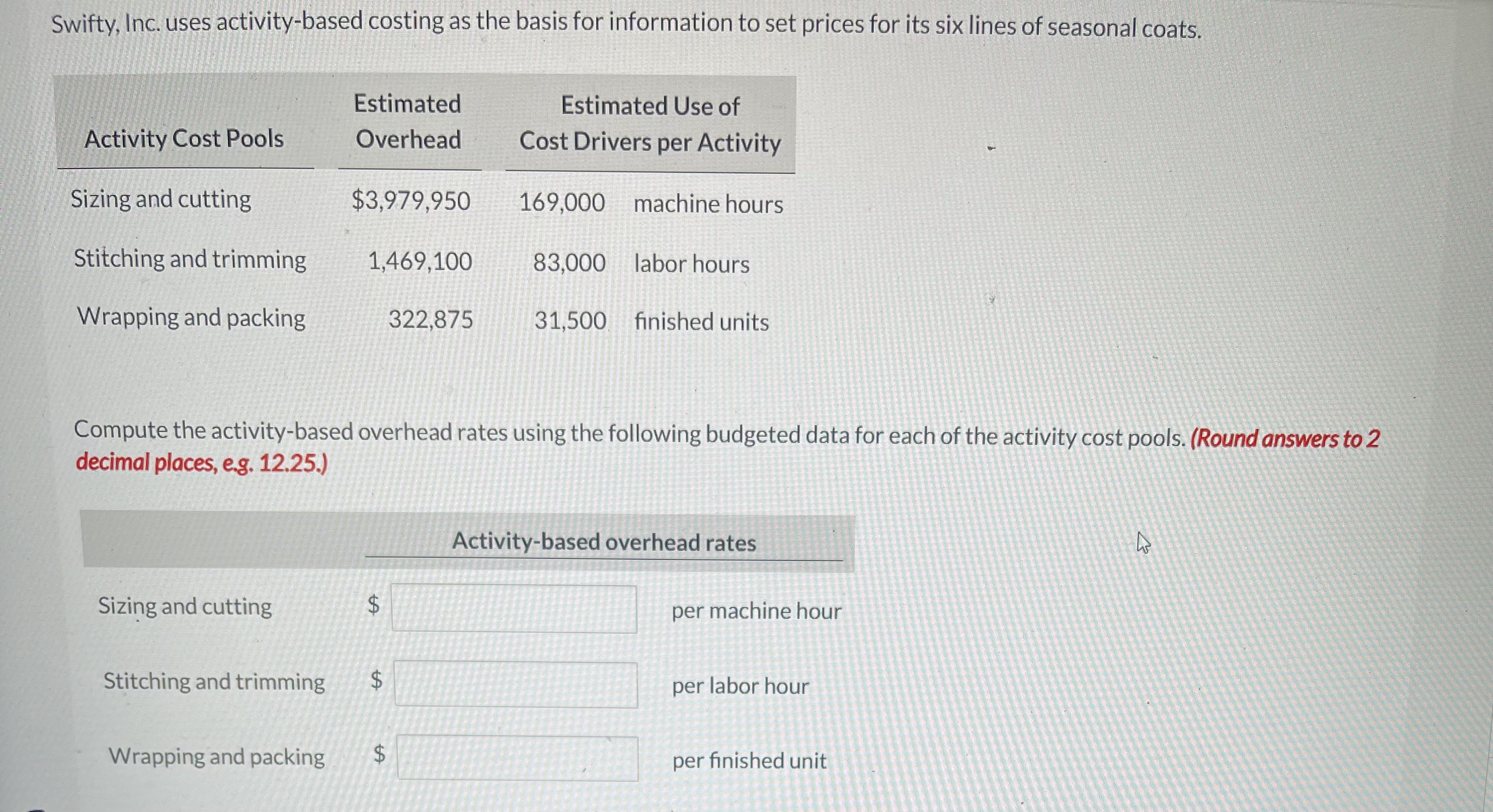 Swifty, Inc. uses activity - based costing as the