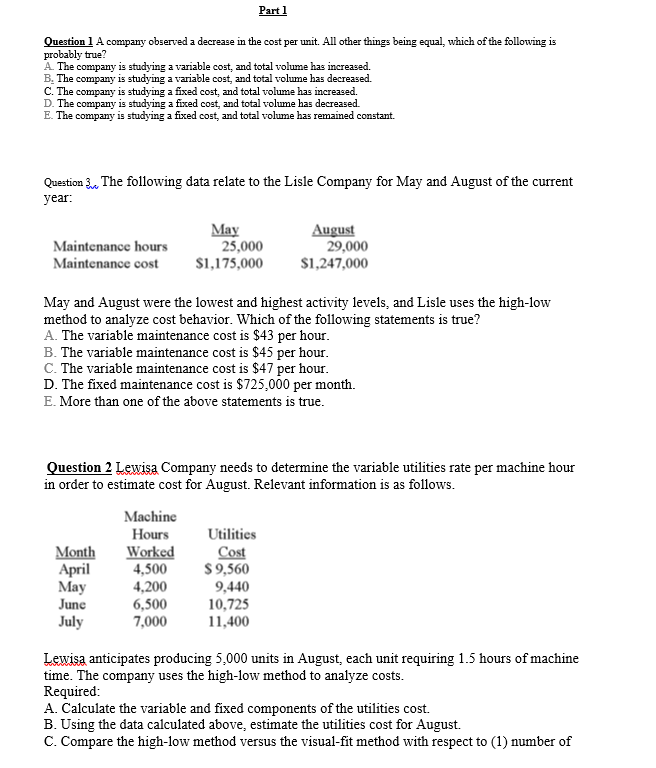 Part 1 Question 1 A company observed a decrease