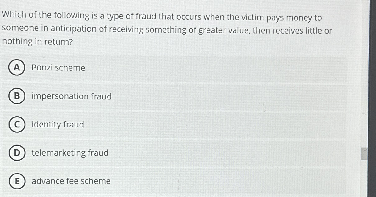 Which of the following is a type of fraud that