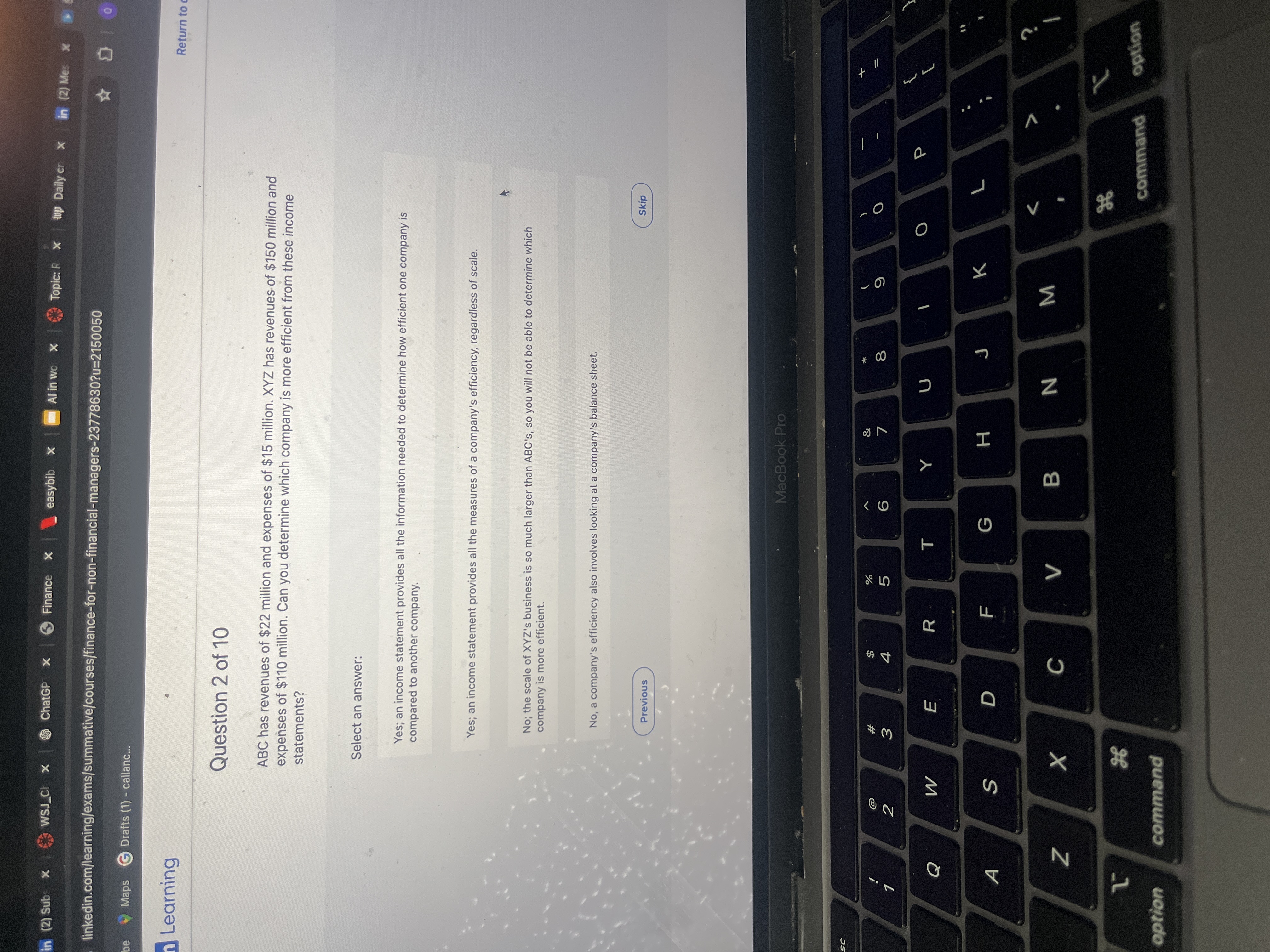 Question 2 of 1 0 ABC has revenues of \ ( \ $ 2 2