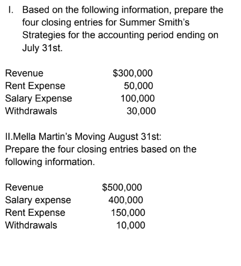 I. Based on the following information, prepare