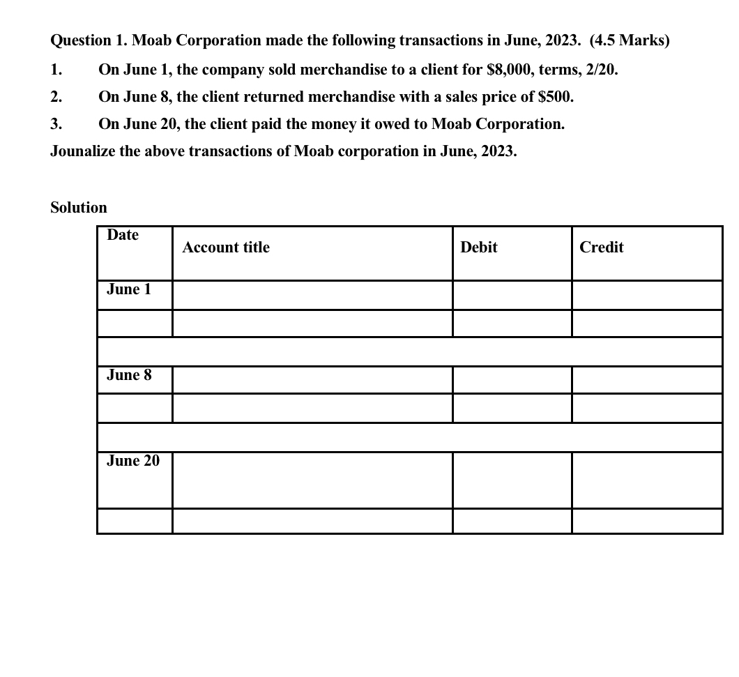 Question 1 . Moab Corporation made the following