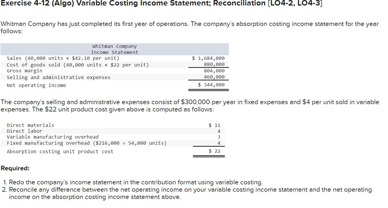 Exercise 4 - 1 2 ( Algo ) Variable Costing Income