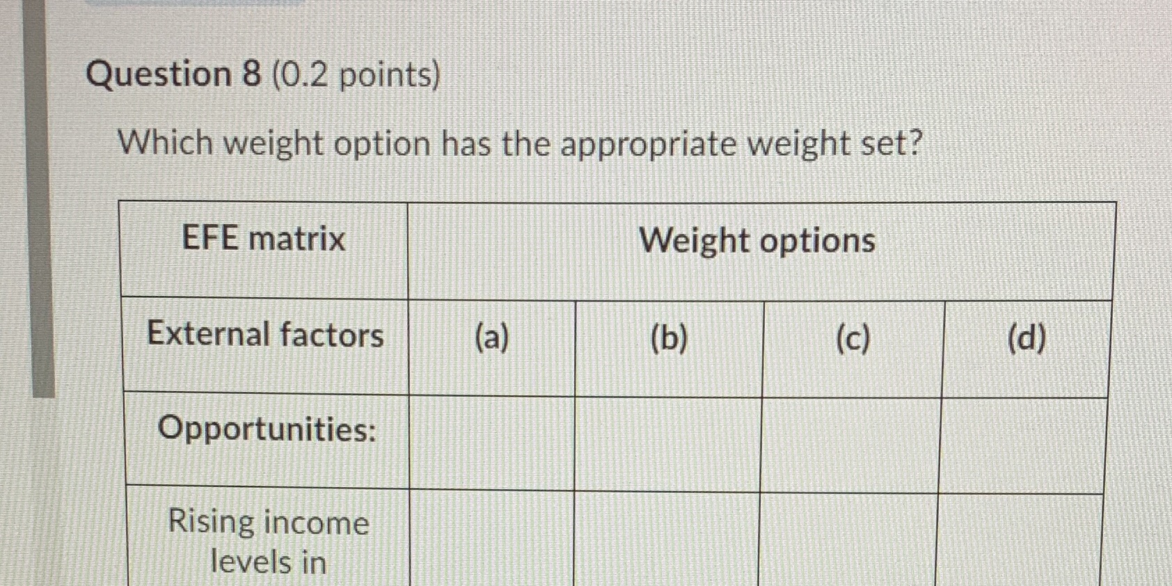 Question 8 (0.2 points) Which weight option has