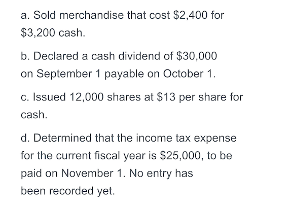a. Sold merchandise that cost $2,400 for $3,200