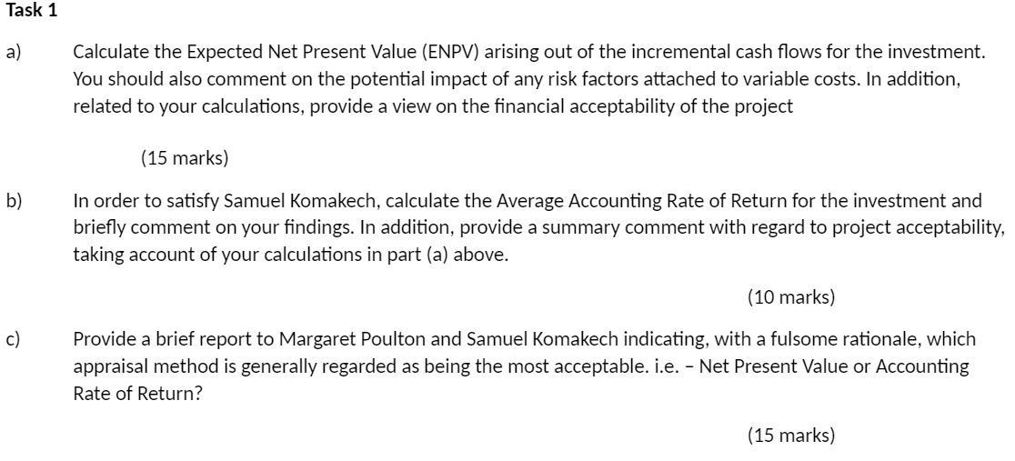 Task 1 a} Calculate the Expected Net Present