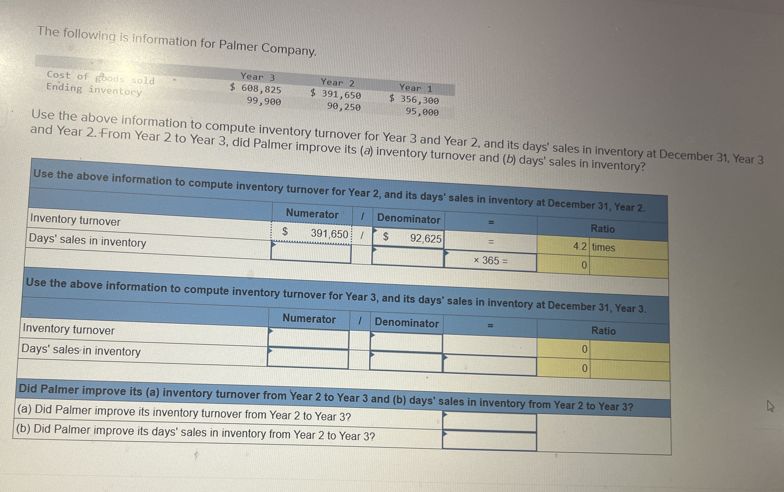 The following is information for Palmer Company.