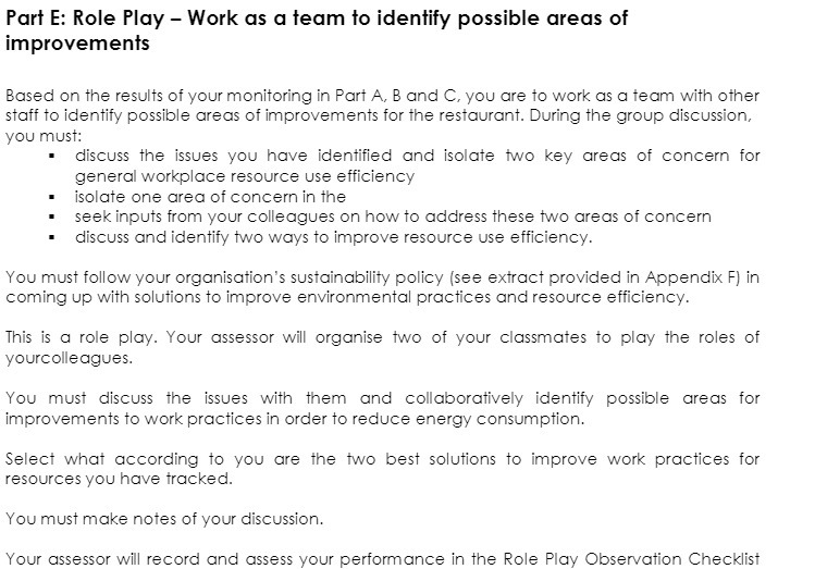 Part E: Role Play Work as a team to identify