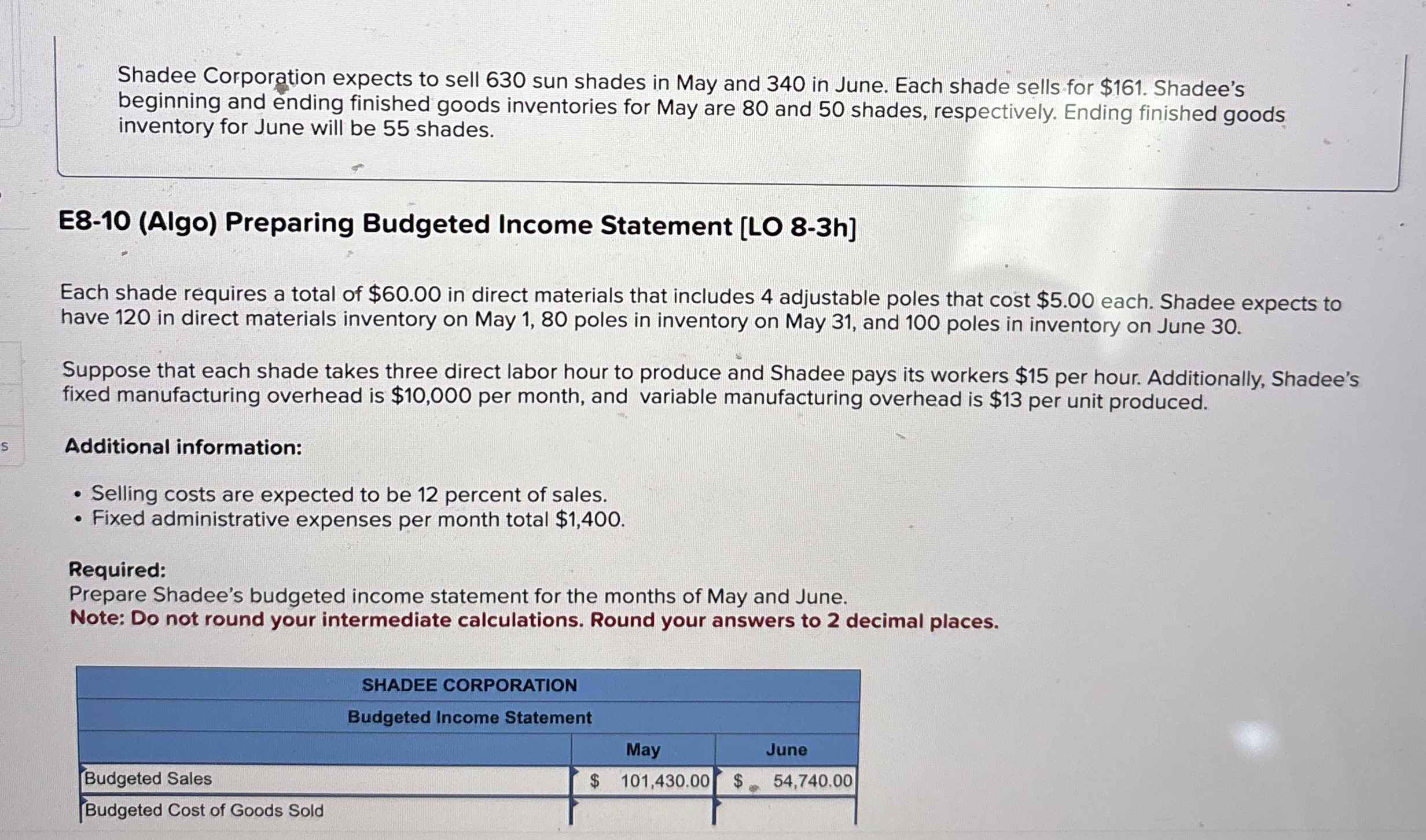 Shadee Corporation expects to sell 6 3 0 sun