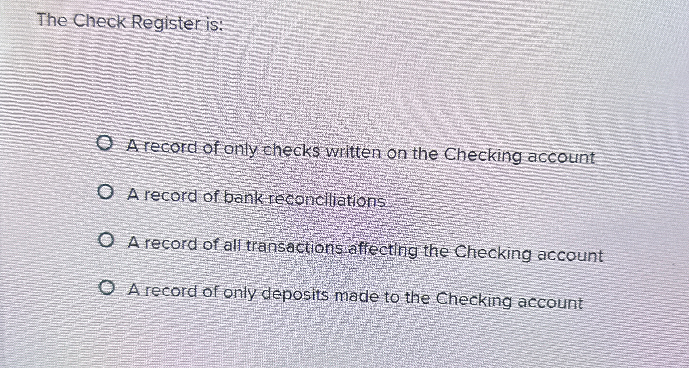 The Check Register is: A record of only checks