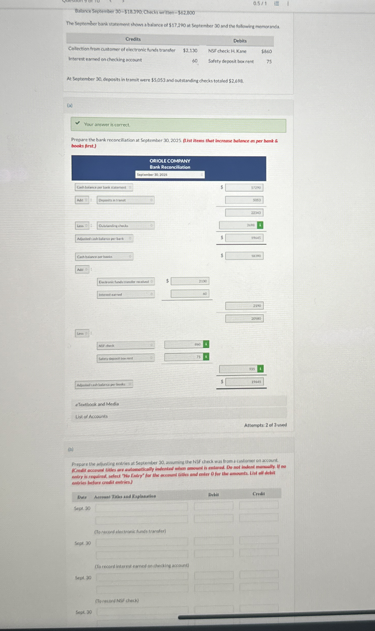 Balance September 3 0 - $ 1 8 , 3 9 0 ; Checks