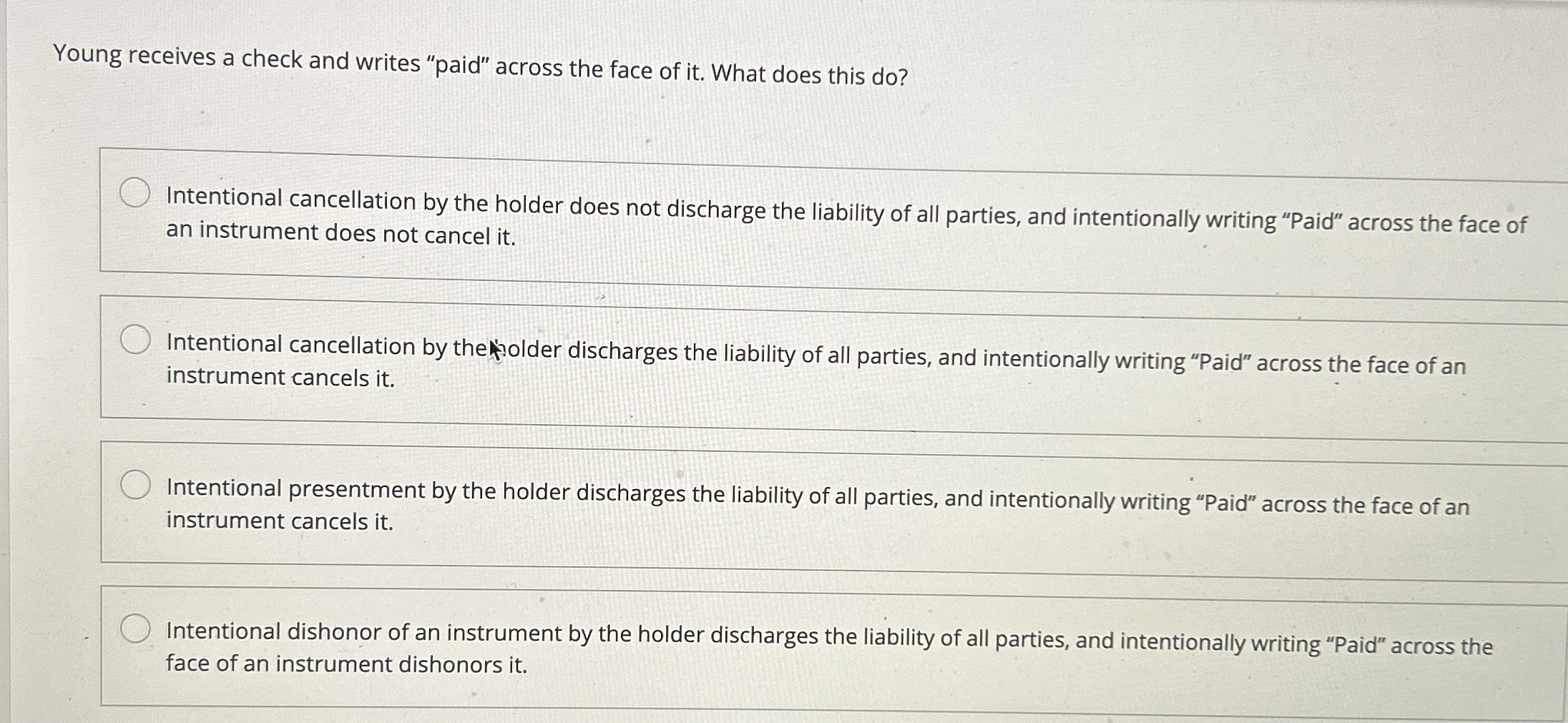 Young receives a check and writes "paid" across