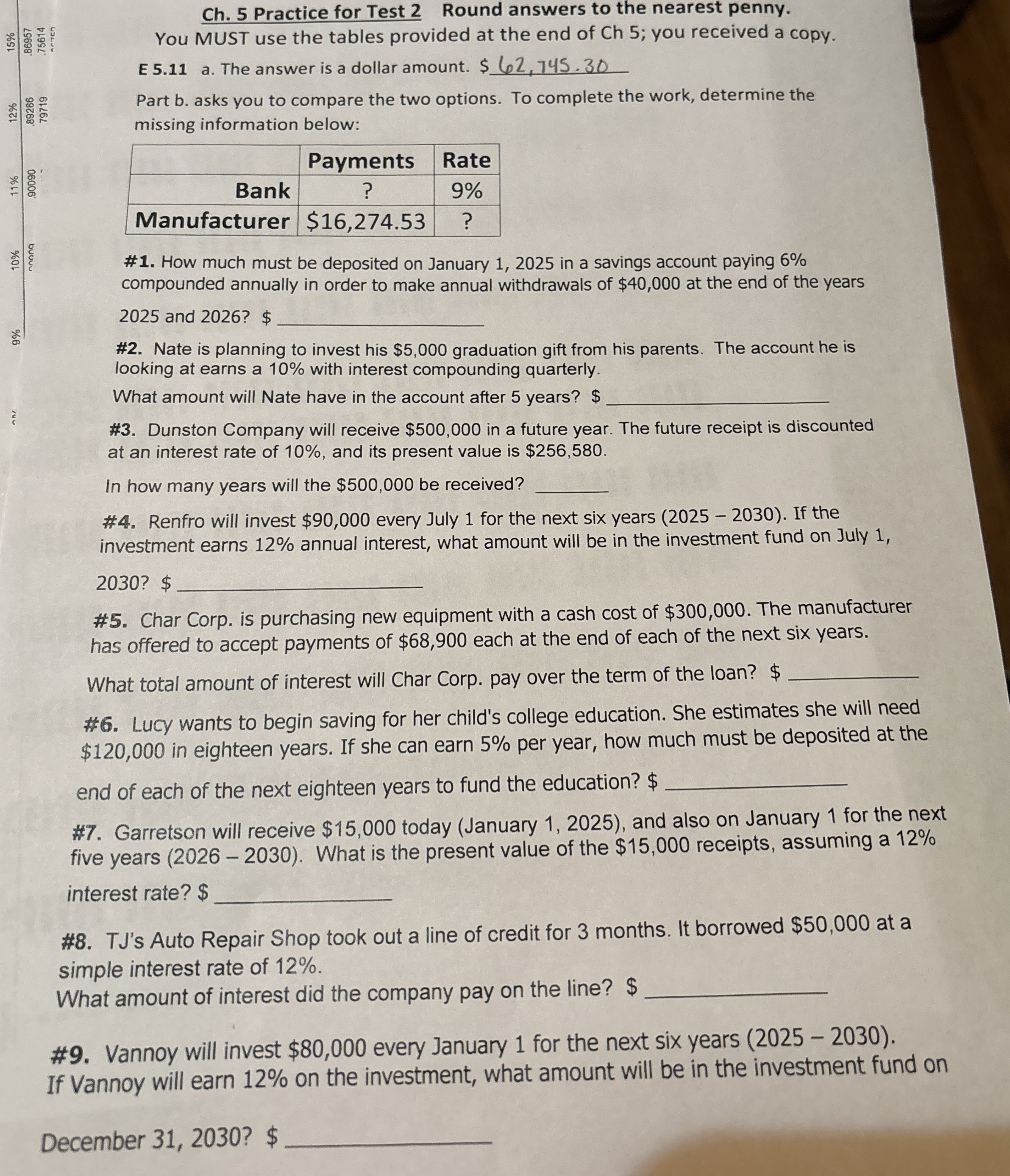Ch . 5 Practice for Test 2 Round answers to the