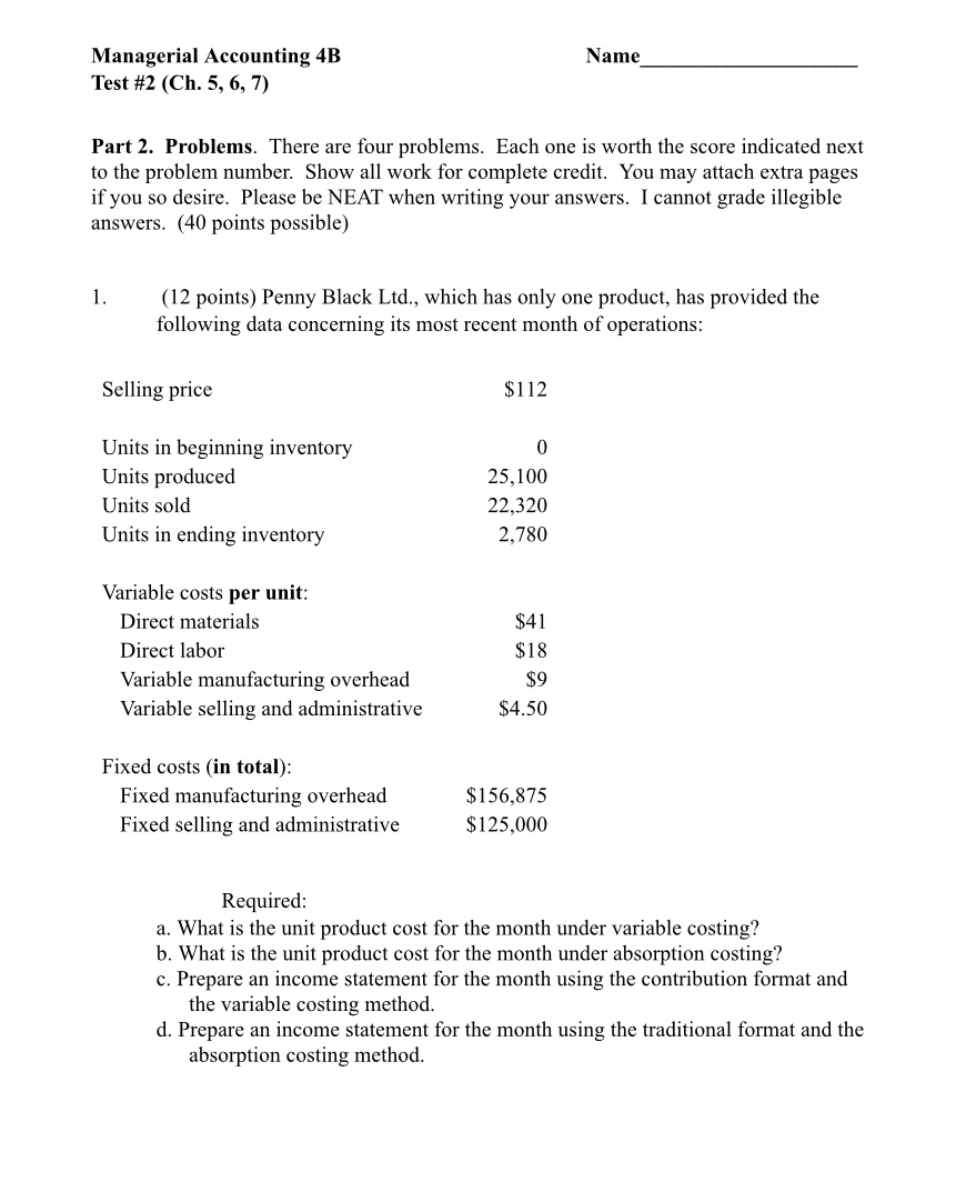 Managerial Accounting 4 B Nam Test # 2 ( Ch . 5 ,
