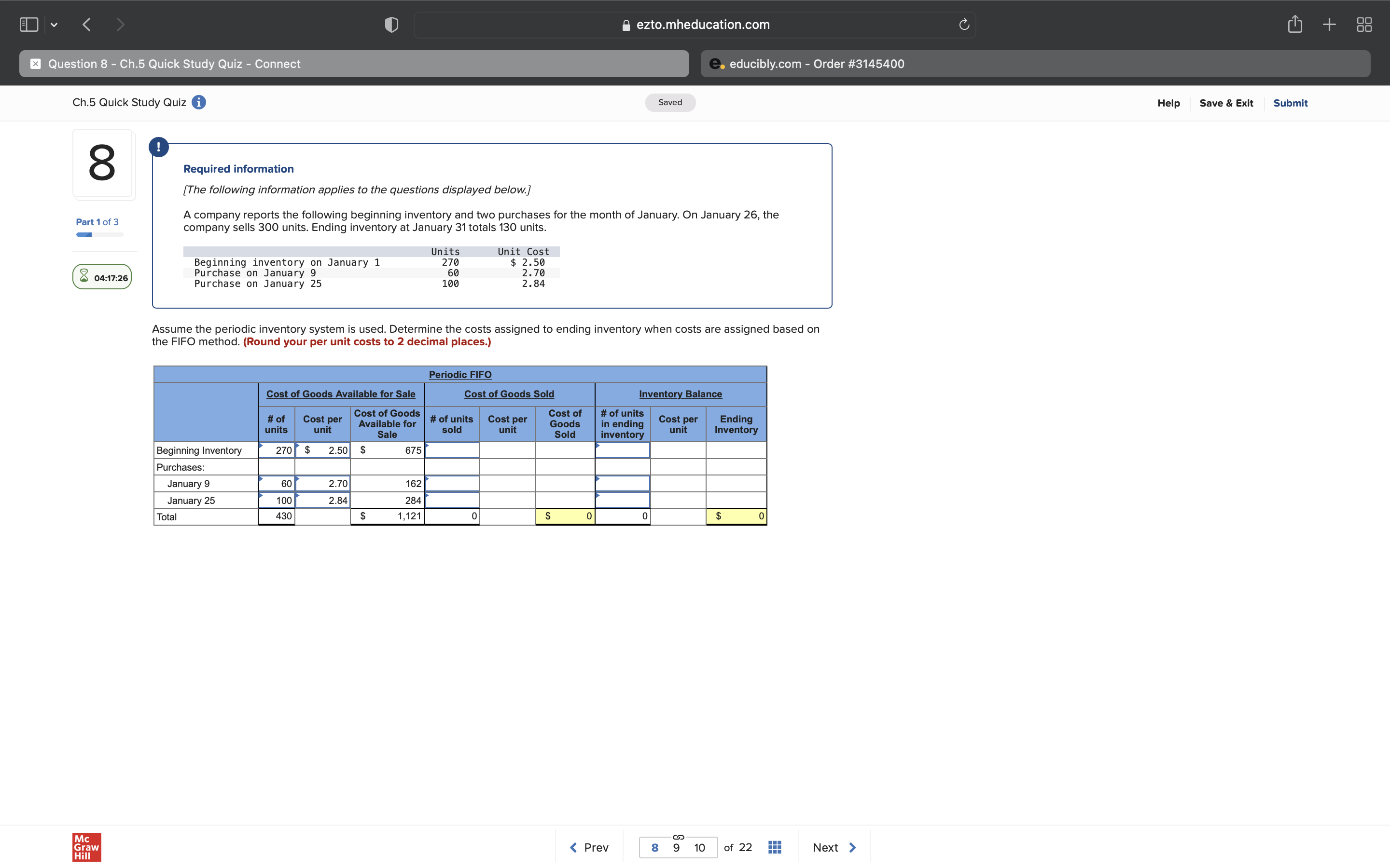 < ezto.mheducation.com C + x Question 6 - Ch.5
