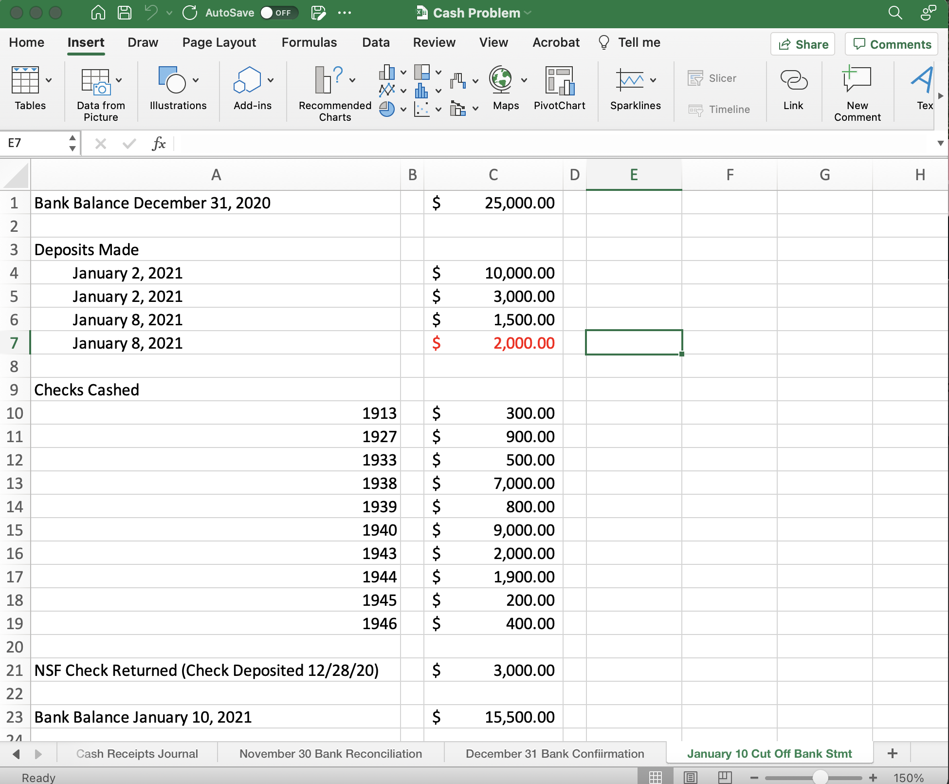 OOO AutoSave OFF P ... Cash Problem Home Insert