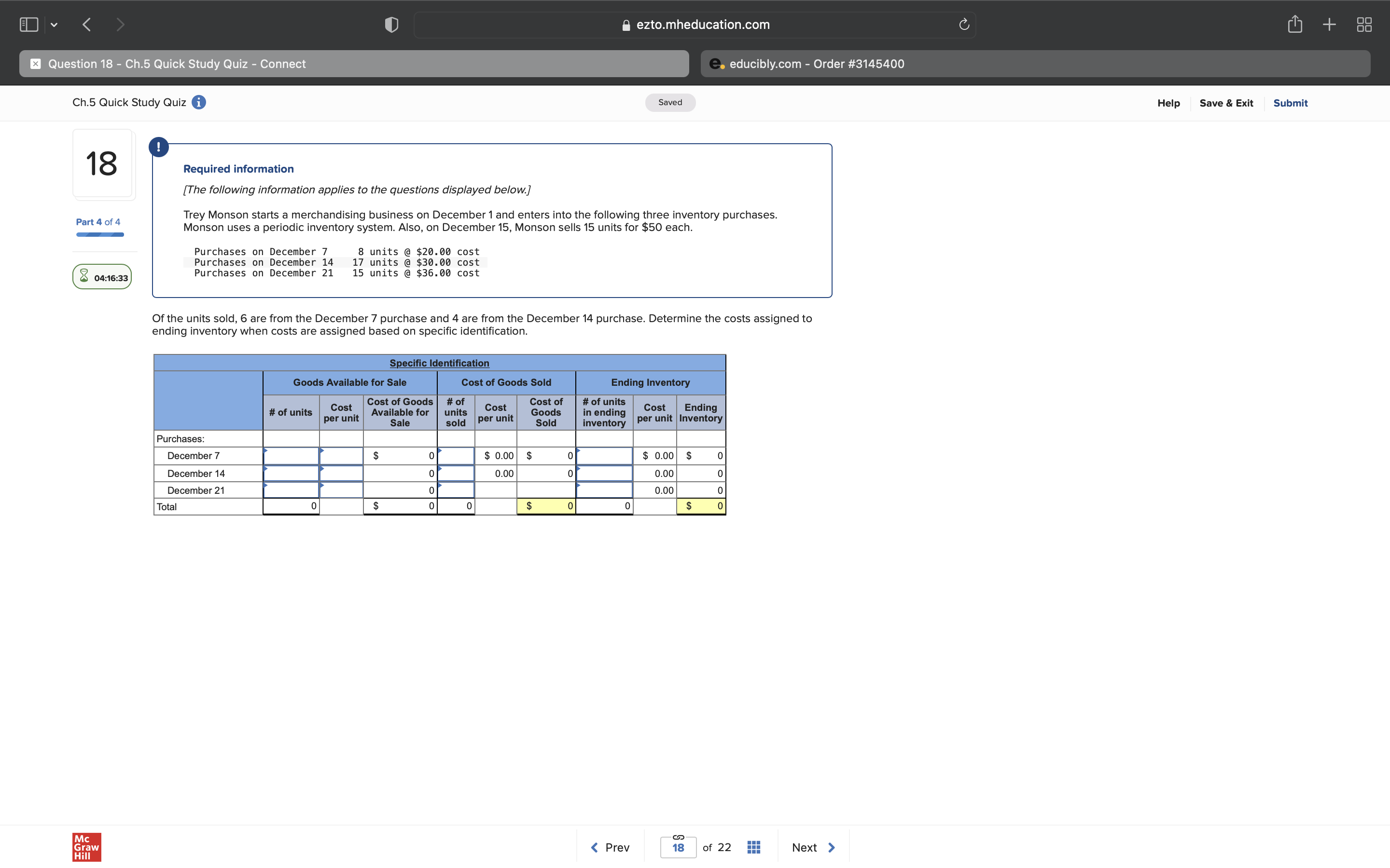 < ezto.mheducation.com C + x Question 6 - Ch.5