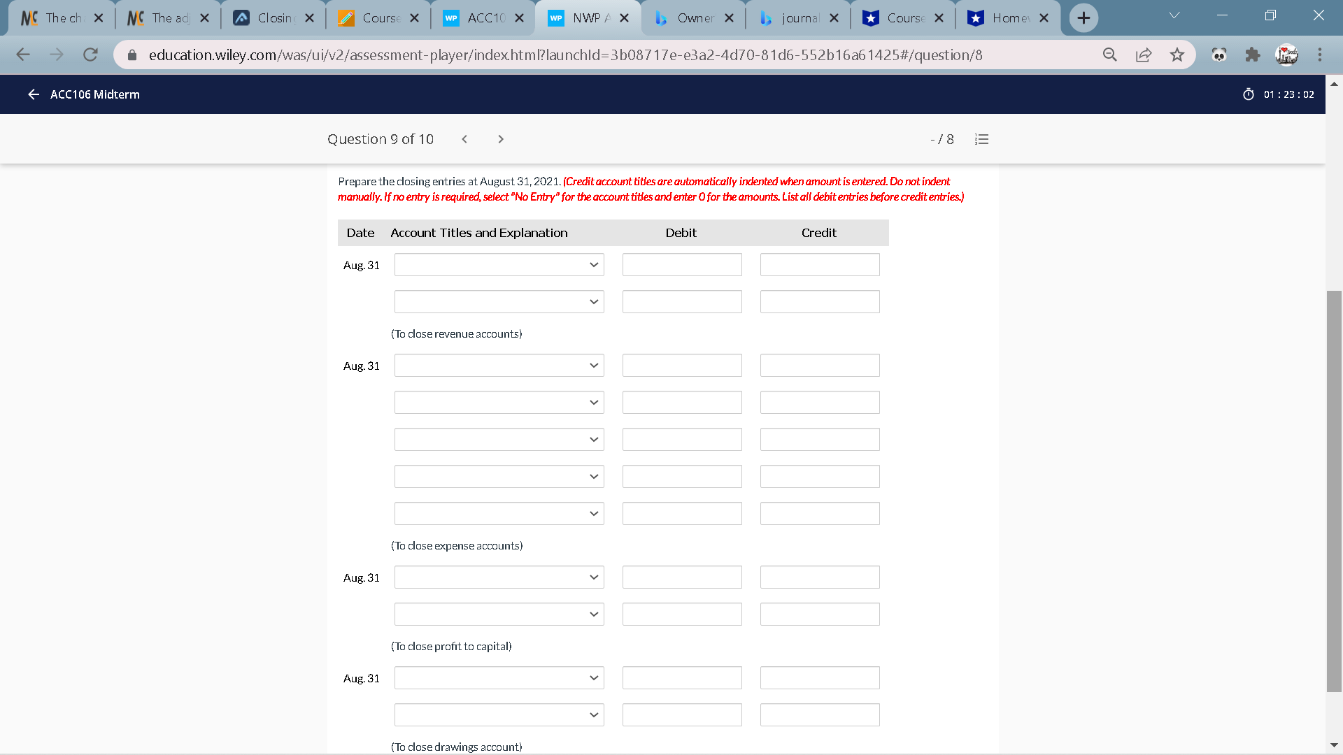 NC The chart X MC The adjus X Closing E X Courses