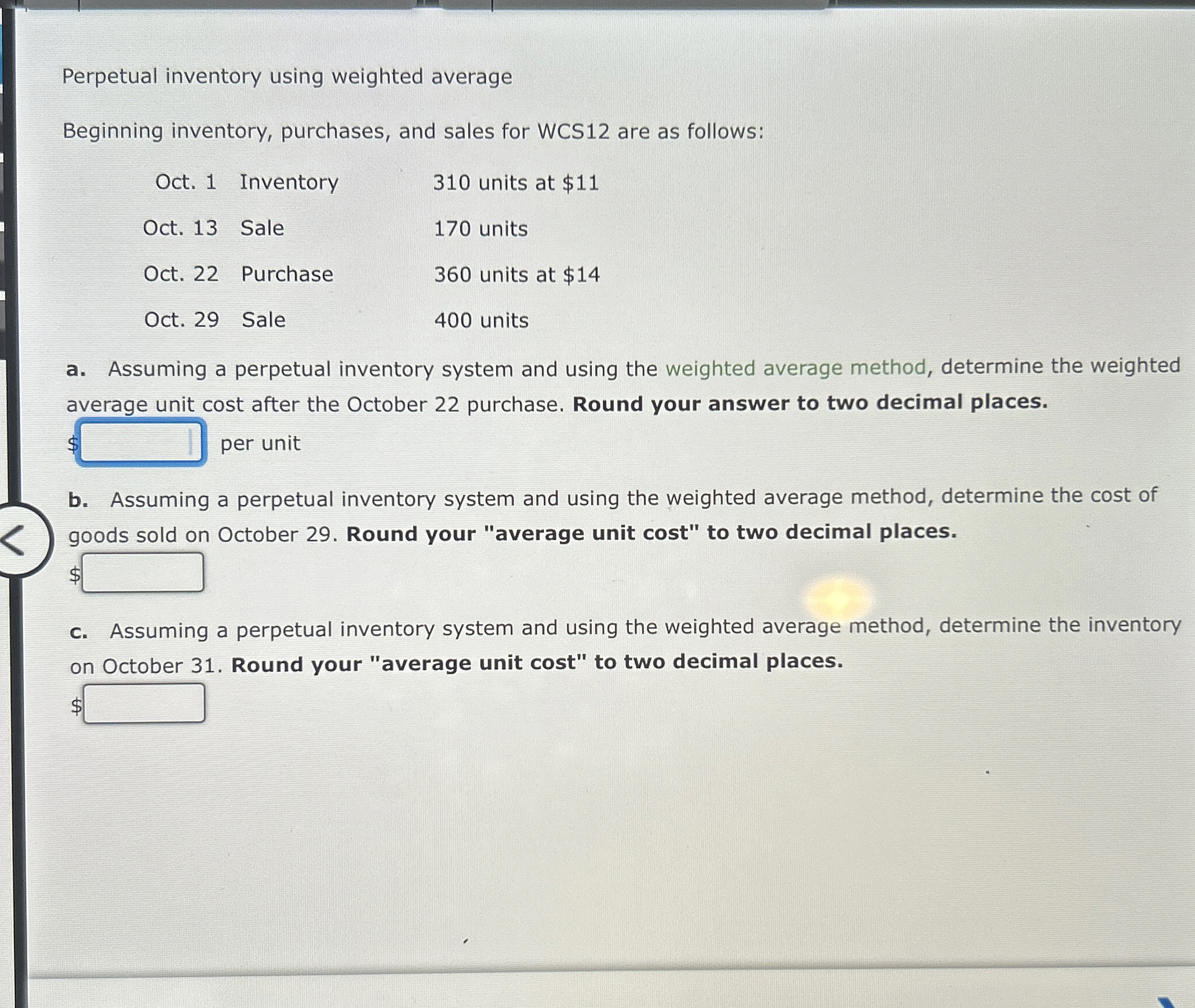 Perpetual inventory using weighted average