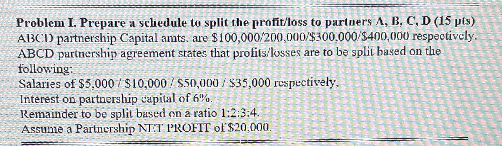 Problem I. Prepare a schedule to split the