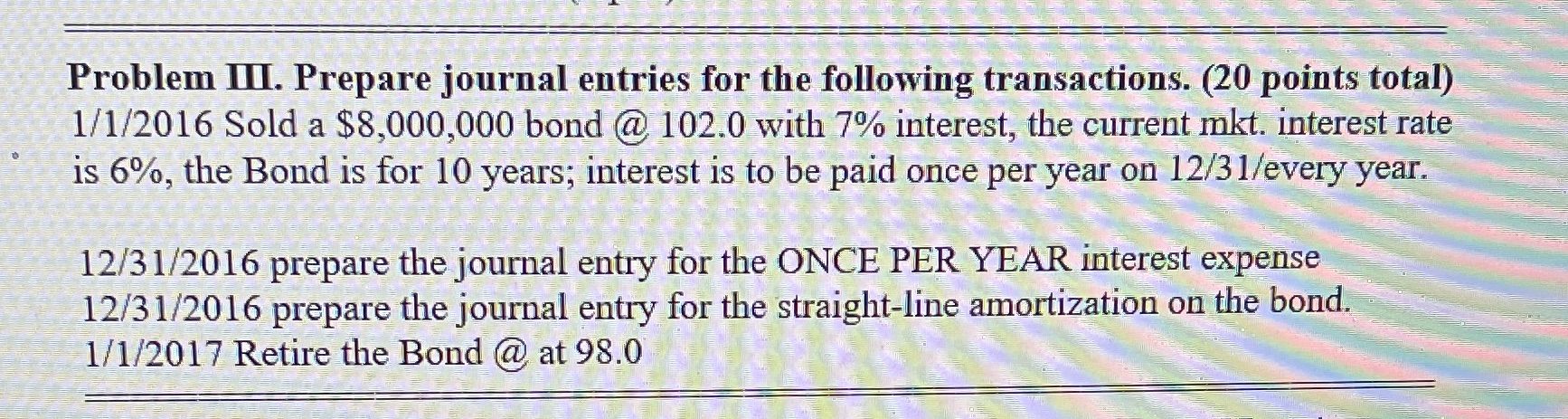 Problem III. Prepare journal entries for the
