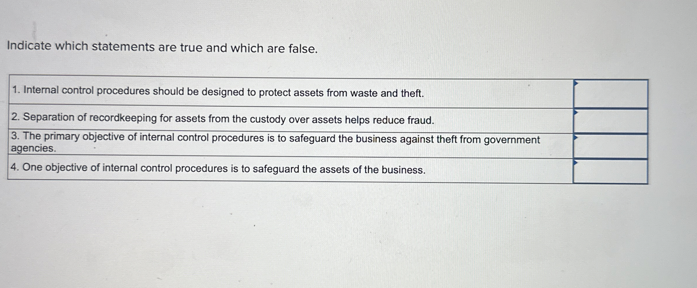 Indicate which statements are true and which are