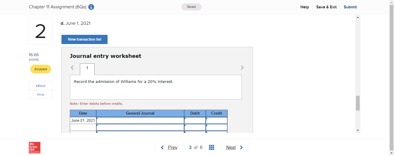 Chapter 11 Assignment (6Qs) i Saved Help Save &