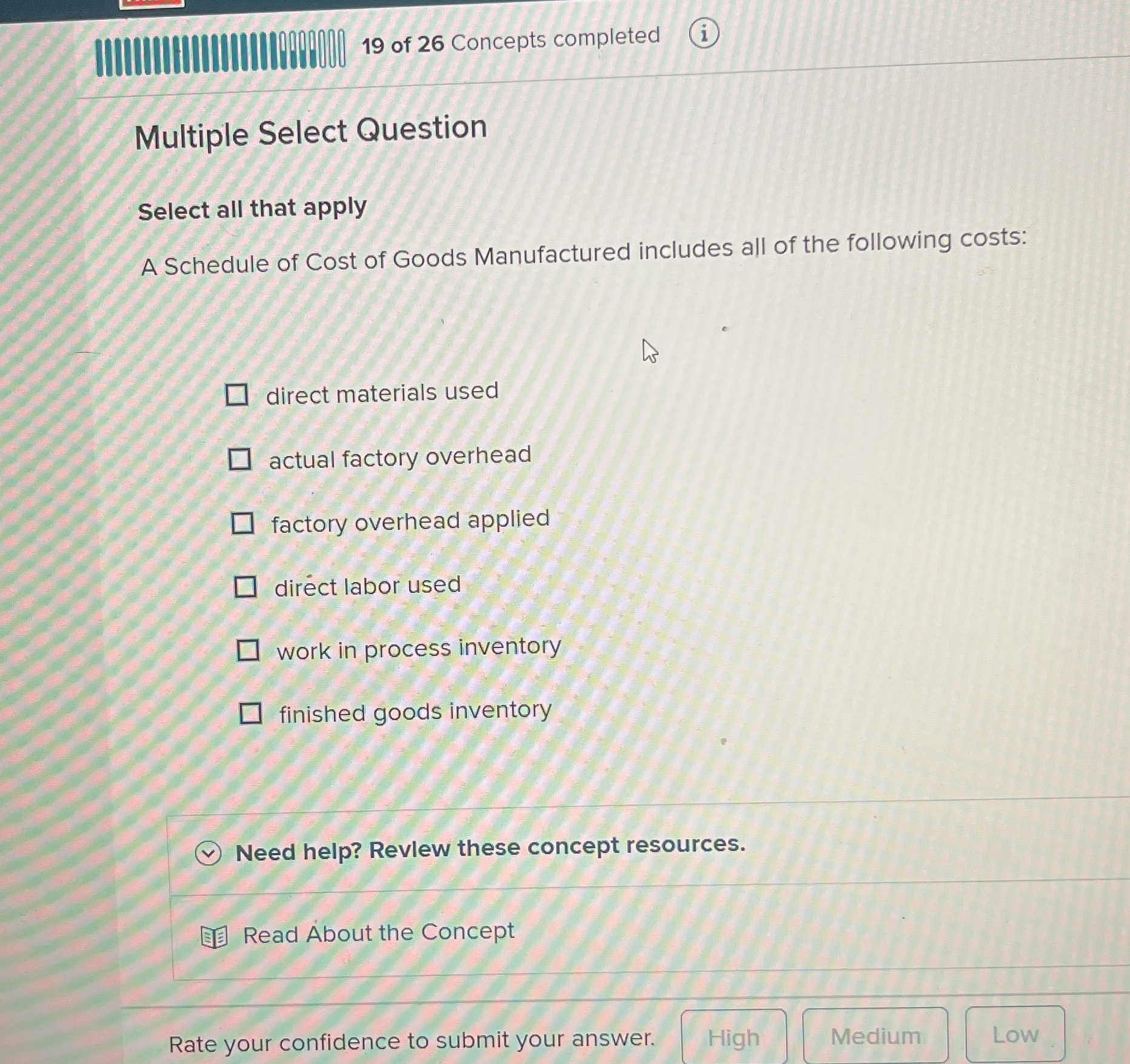 1 9 of 2 6 Concepts completed Multiple Select