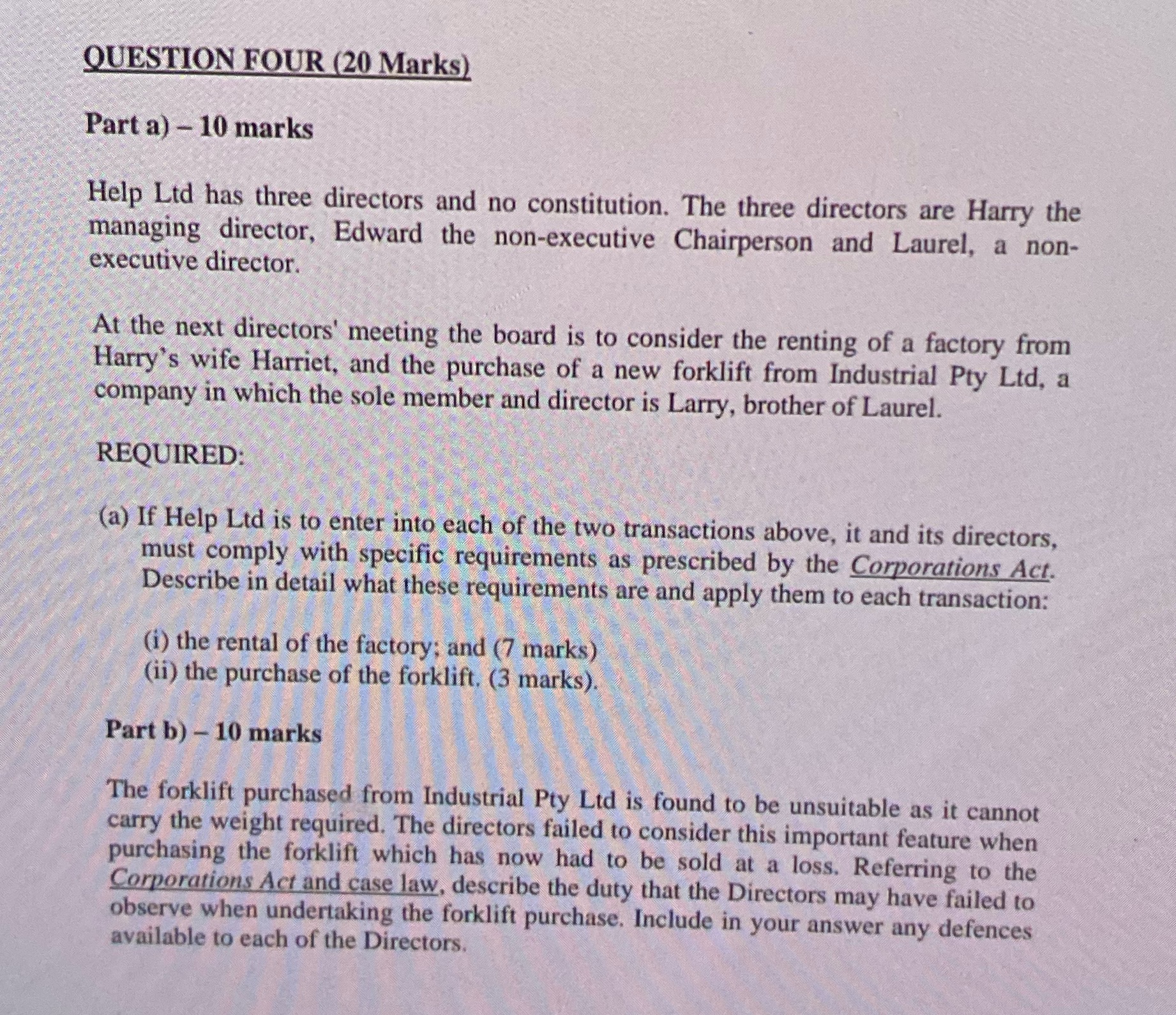 QUESTION FOUR (20 Marks) Part a) - 10 marks Help